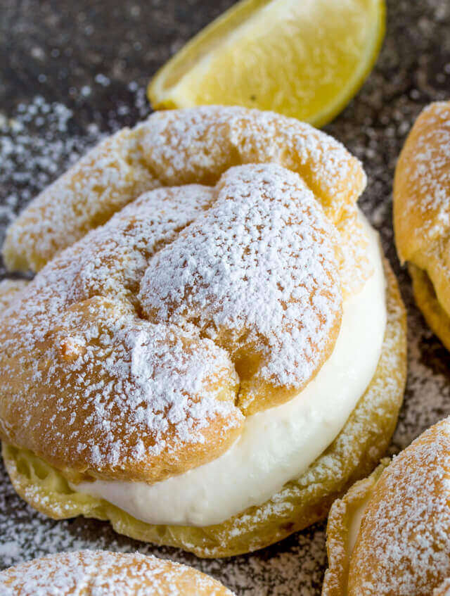 large lemon cream puff on baking sheet