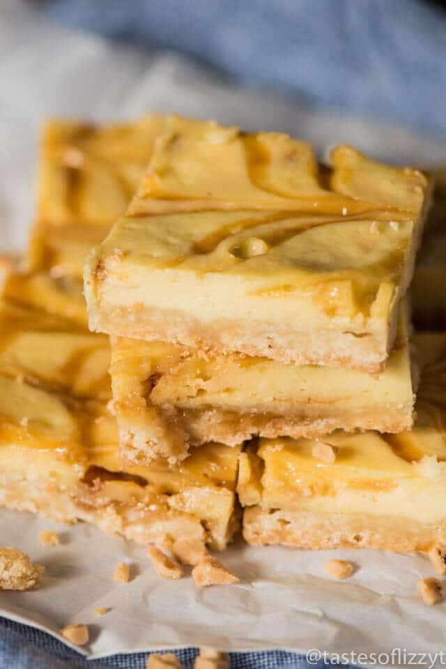 Looking for an easy dessert recipe for a potluck? Try these praline cheesecake bars with toffee bits and a shortbread crust. They're perfect on their own or with a scoop of ice cream drizzled with caramel.