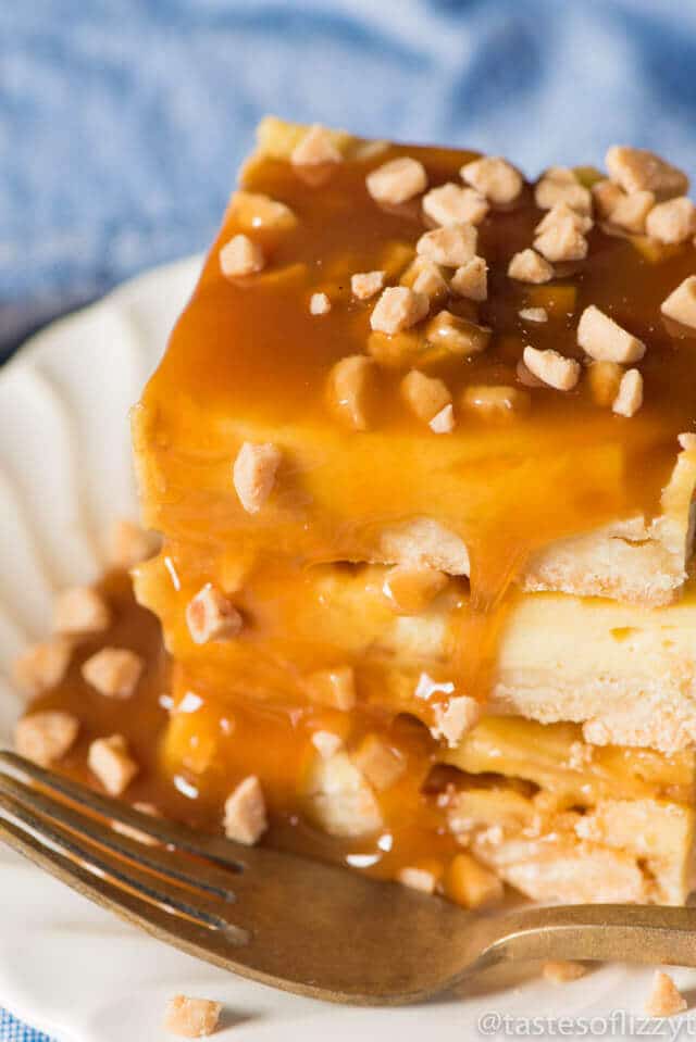 stack of praline cheesecake with caramel on top