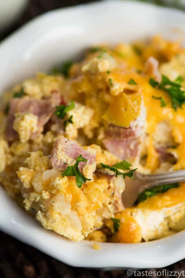 Looking for a high-protein breakfast? Try this Slow Cooker Breakfast Casserole full of cheesy potatoes, eggs, ham and peppers. Let it cook overnight!
