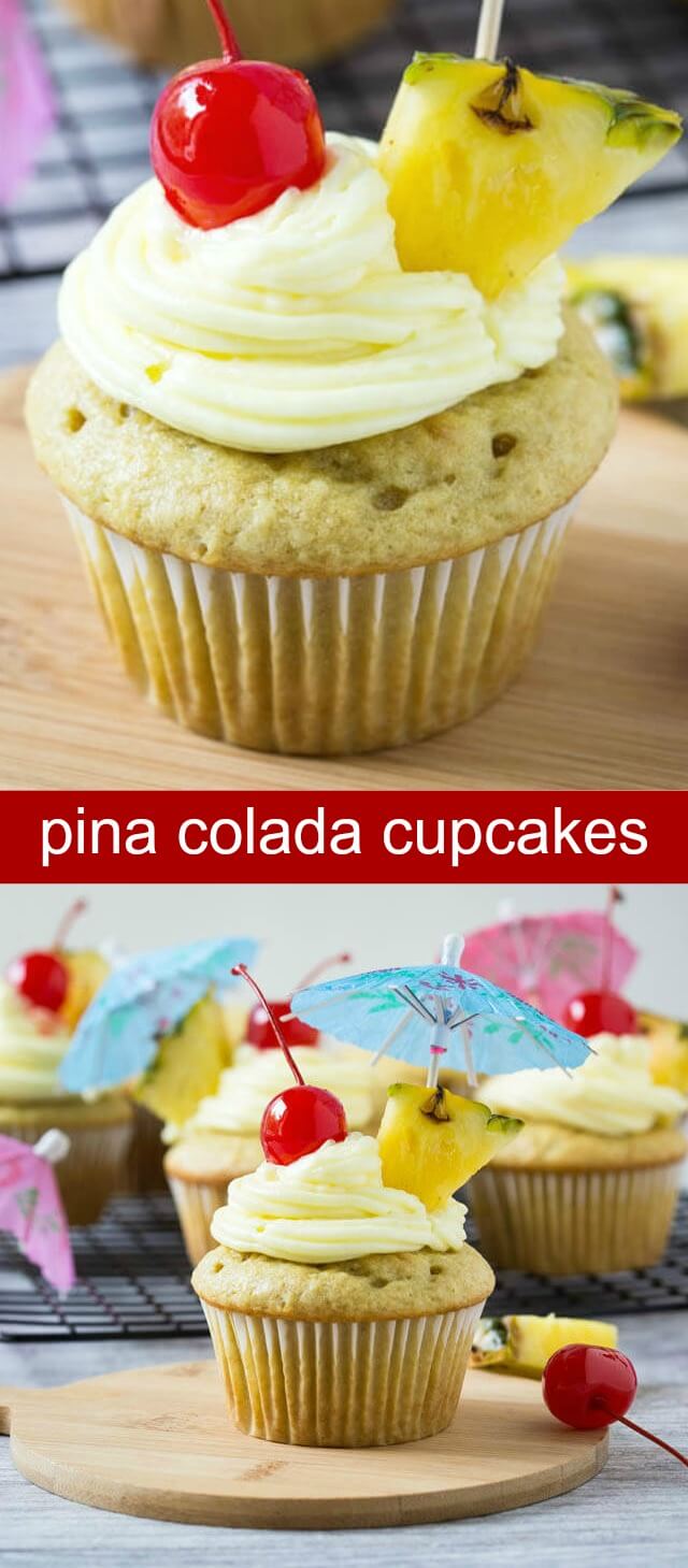 Pina Colada Cupcakes {A Fresh Fruity Cupcake for Summertime} cupcakes/pina colada/pineapple Pina colada cupcakes - Enjoy tropical flavors of pina colada drink in these cupcakes. These are kids friendly and perfect to enjoy fresh pineapples.