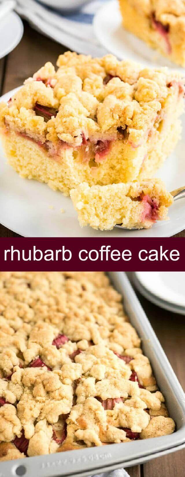 Rhubarb Coffee Cake {A Juicy Delicious Coffee Cake} rhubarb/cake/coffee cake This Rhubarb Coffee Cake is topped with crunchy streusel and studded with rhubarb! An easy-to-make sheet cake recipe that's perfect for spring and summer.
