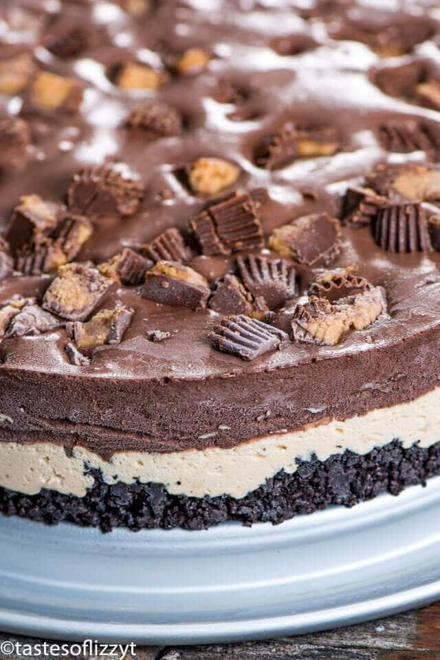 frozen chocolate peanut butter pie on a plate