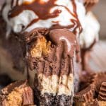 Frozen Chocolate Peanut Butter Pie is an easy no bake dessert with three layers... cookie crust, peanut butter cheesecake and creamy chocolate gelato.