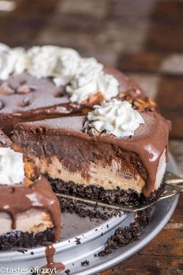 A piece of chocolate ice cream pie on a spatula