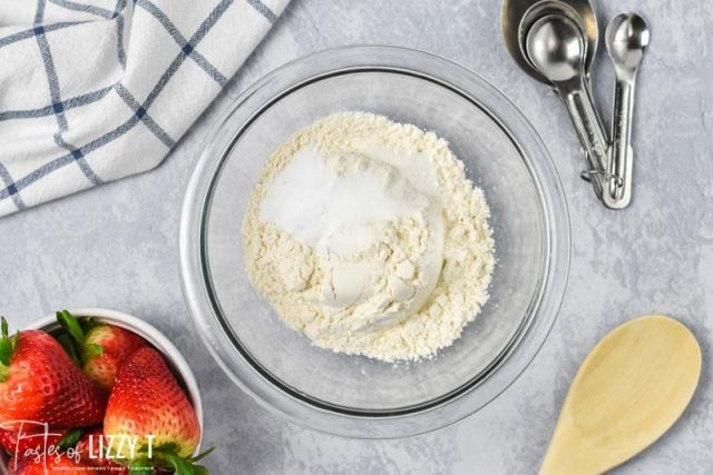 dry cake ingredients in a mixing bowl