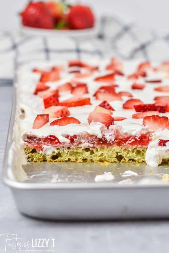 strawberry sheet cake with strawberry jam, cool whip and fresh strawberries