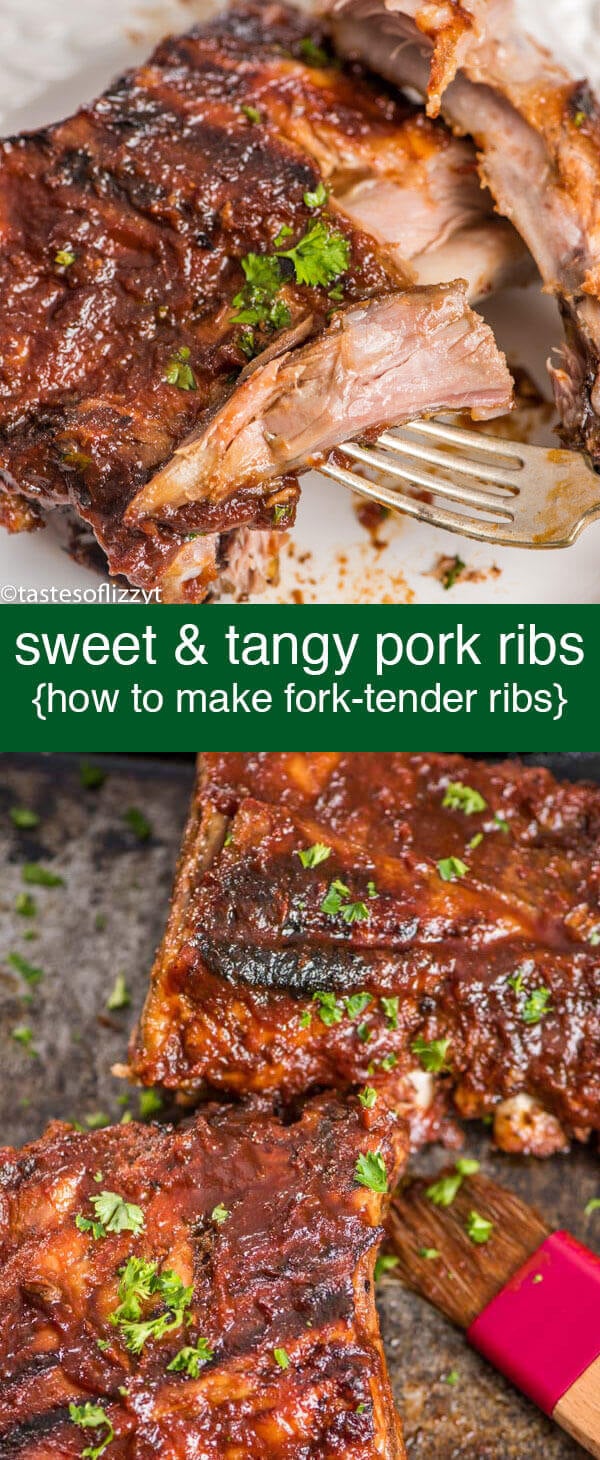 3 ingredient sweet & tangy pork rib marinade and hints for making the perfect, fork-tender pork ribs. Start in the oven...finish on the grill! Sweet & Tangy Pork Ribs Marinade {Easy Fork-Tender Rib Recipe}