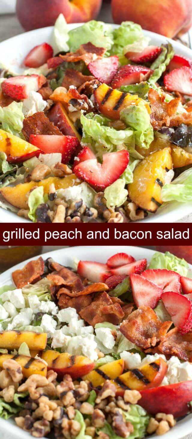 Grilled Peach and Bacon Salad {A Delicious Peach Summer Salad} peach/salad/bacon Grilled peach and bacon salad is bursting with flavor and texture. Filled with grilled peaches, strawberries, goat cheese, walnuts and BACON all topped with a balsamic honey vinaigrette.