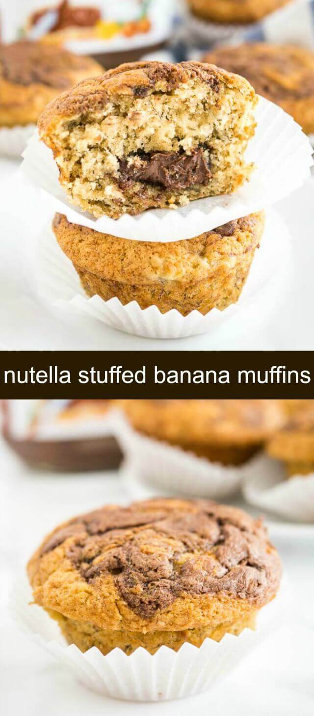 Nutella Stuffed Banana Muffins {A Homemade Banana Muffin Recipe} muffins/banana/nutella These Nutella Stuffed Banana Muffins are so fluffy and have a gooey surprise inside! Every Nutella lover will go crazy for these easy breakfast treats.