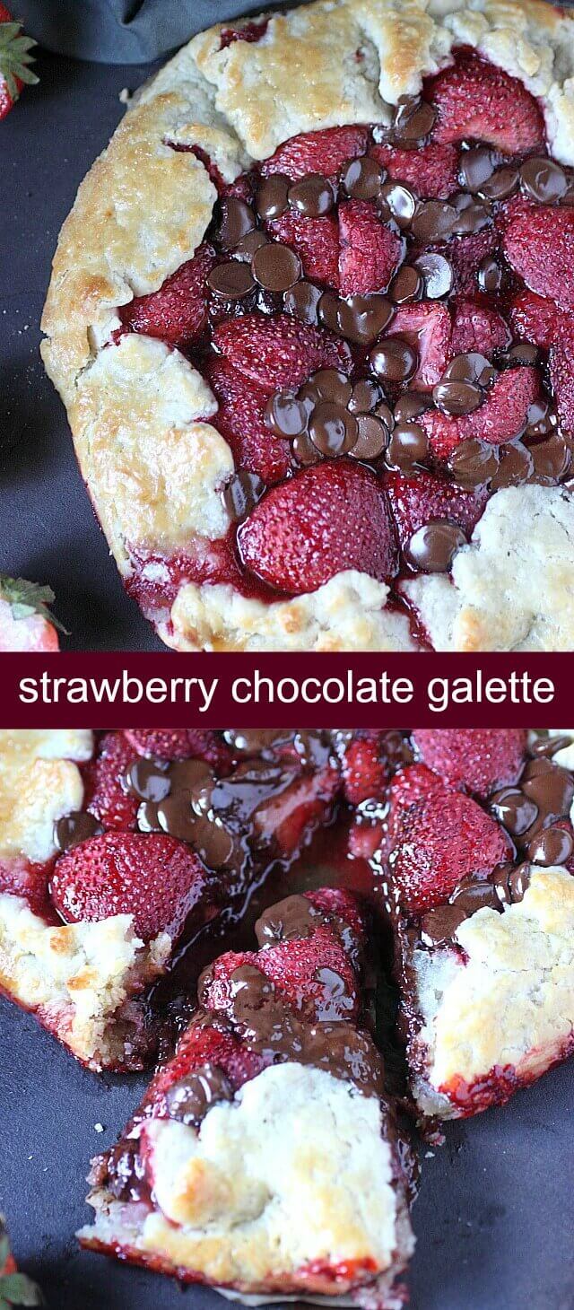 Strawberry Chocolate Galette {A Chocolatey Twist on Traditional Pie} galette/strawberry/chocolate A buttery, super easy homemade pie crust holds a filling of sweetened vanilla strawberries and milk chocolate chips. This Strawberry Chocolate Galette may sound fancy, but it’s the easiest dessert you’ll make this summer!