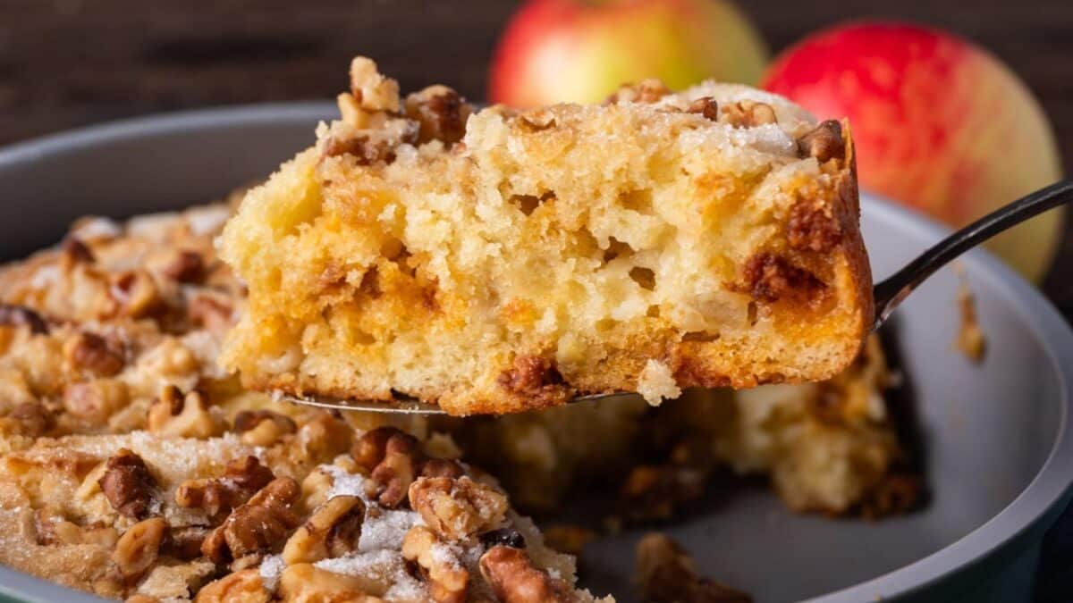 a slice of apple butterscotch cake on a plate