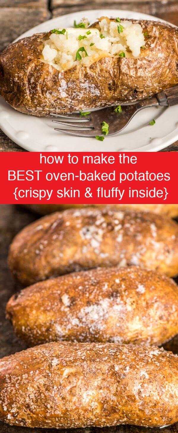 Wondering how restaurants get those perfectly baked potatoes? Here's the hints on how to make the best oven baked potatoes with salty, crispy skin and fluffy potato inside. Oven Baked Potatoes {How to Make Crispy Skin Baked Potatoes}