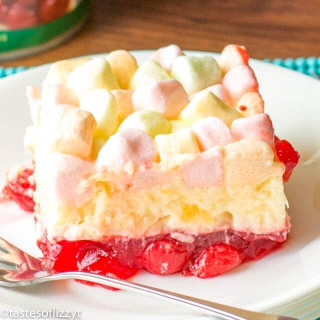 slice of cherry pineapple jello salad