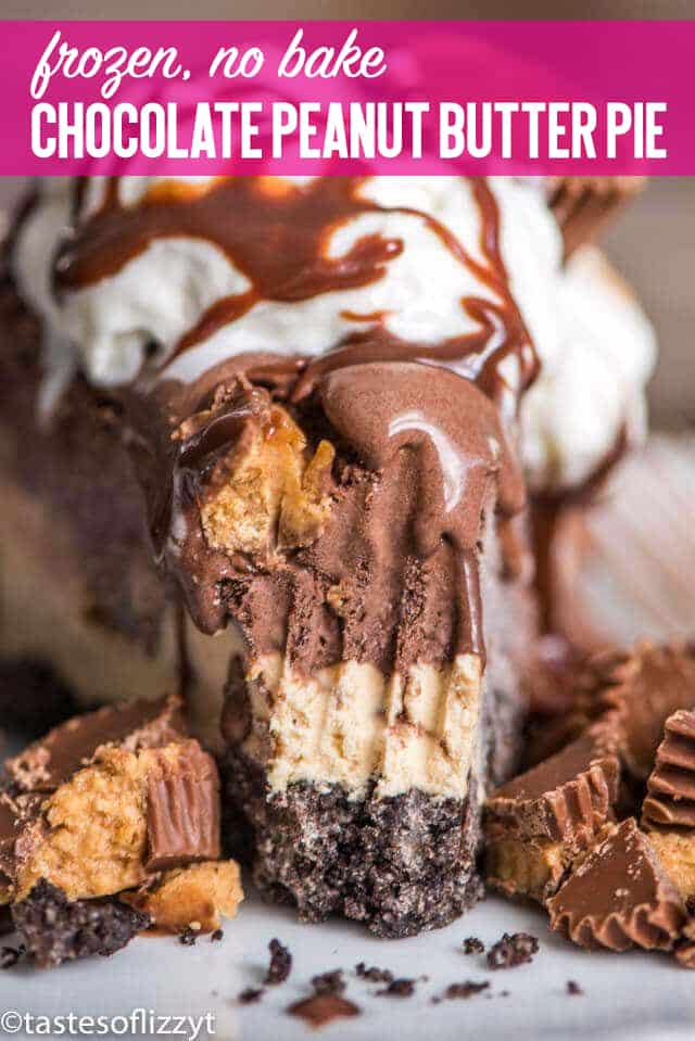 Frozen Chocolate Peanut Butter Pie is an easy no bake dessert with three layers... cookie crust, peanut butter cheesecake and creamy chocolate gelato (with peanut butter cups stuffed inside!).
