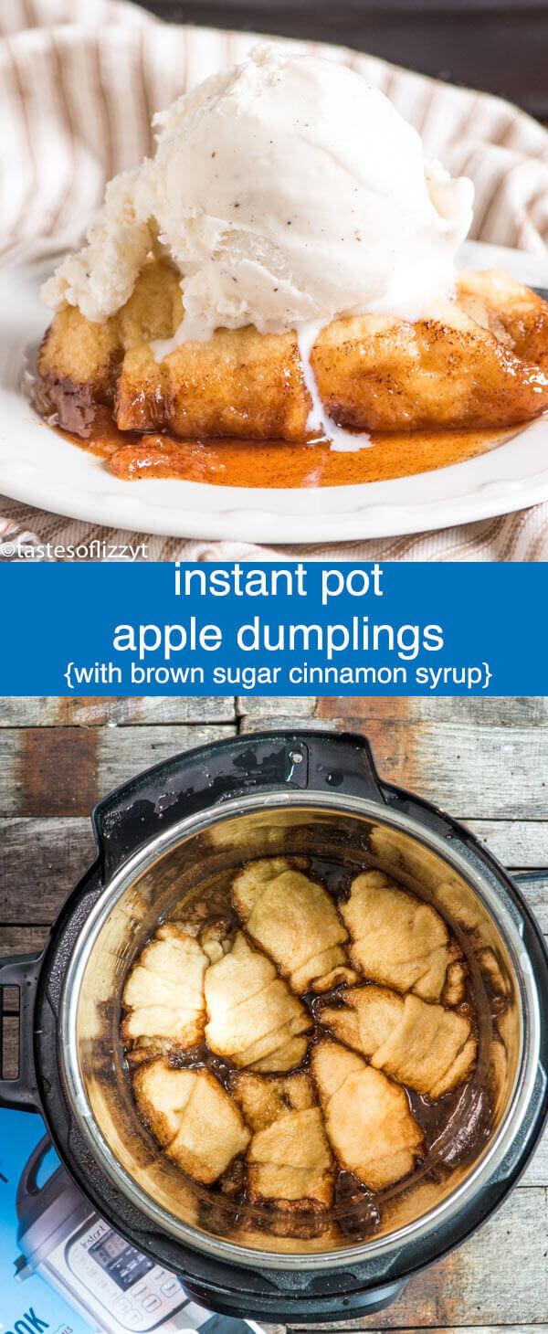 Instant Pot Apple Dumplings are ready in under 30 minutes! This easy apple dumpling recipe uses crescent rolls and a brown sugar, cinnamon, apple cider syrup to make a quick dessert that tastes like fall. Instant Pot Apple Dumplings {Pressure Cooker Apple Dessert Recipe}