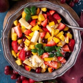 closeup of fresh mango fruit salad in a bowl