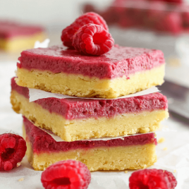 Almond Raspberry Bars with two layers: shortbread crust and raspberry yogurt filling