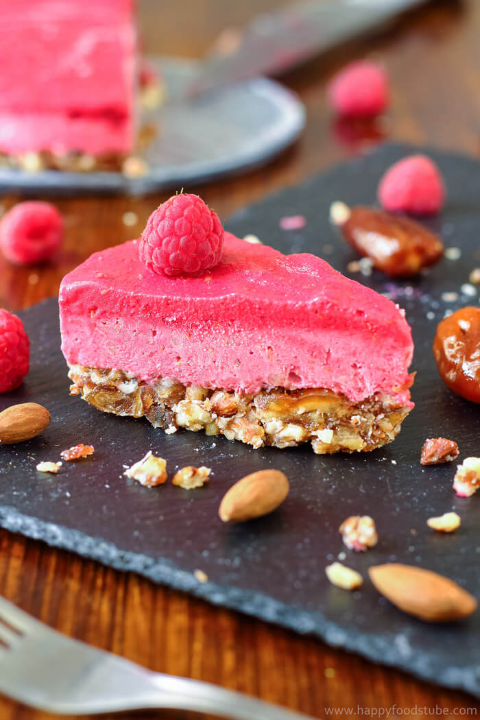 raspberry icebox cake on a slate