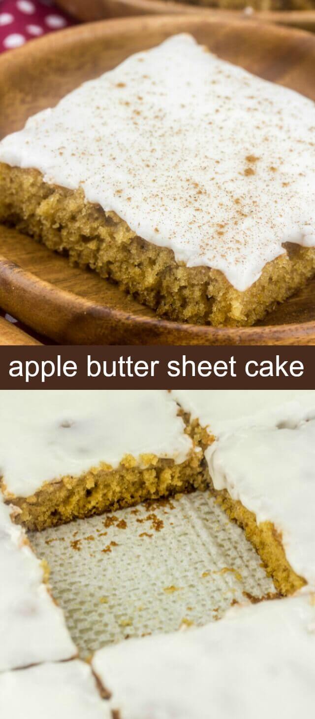 Apple Butter Sheet Cake {An Easy Delicious Apple Dessert for Fall} cake/apple butter/sheet cake Fall is definitely in the air, especially in this Apple Butter Sheet Cake! Moist and delicious all topped with an apple cider glaze making it the perfect easy cake for fall!