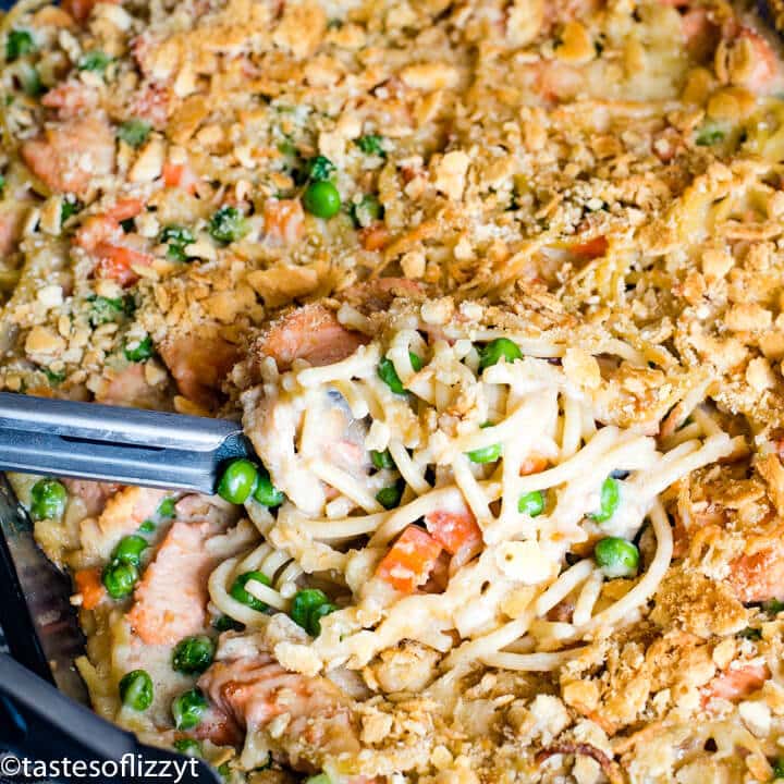 chicken casserole in a baking dish with a spoon