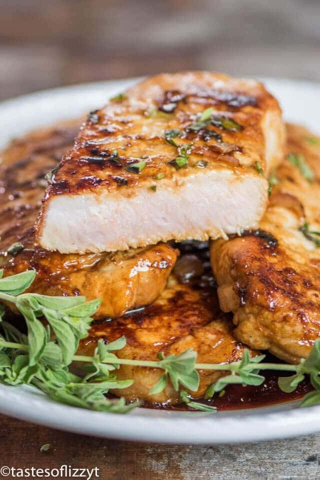 platter of juicy honey oregano pork chops