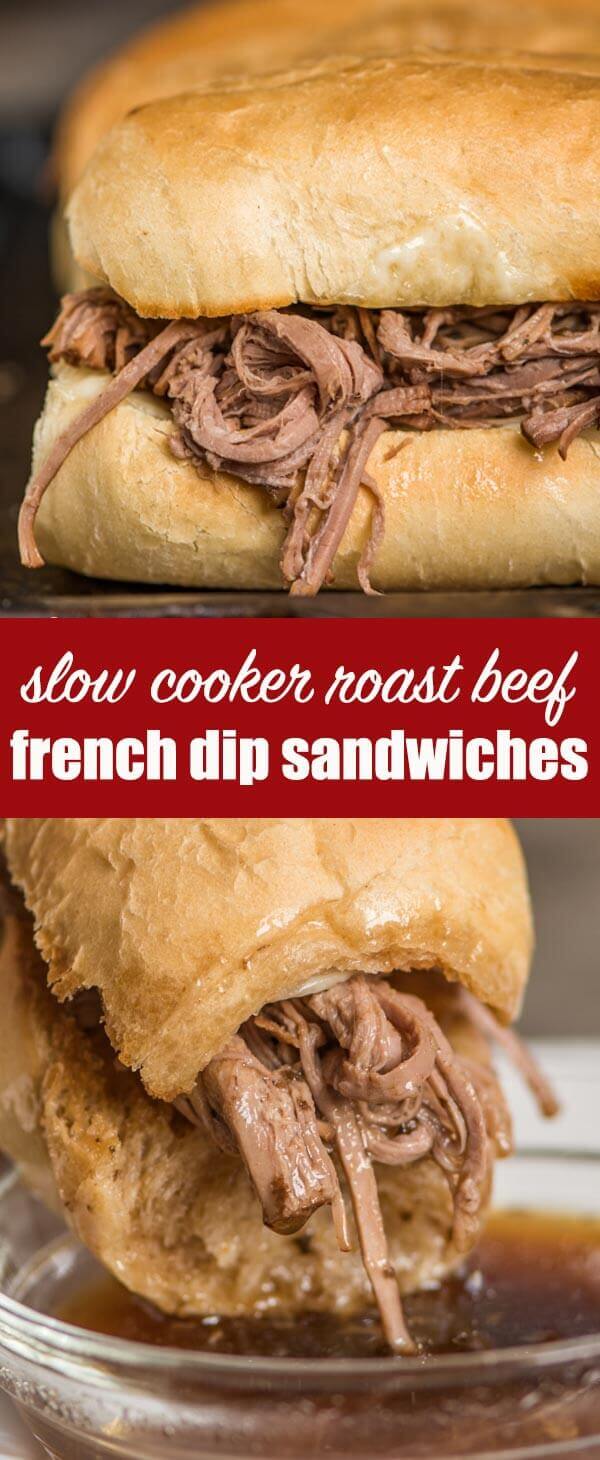 Crock pot French Dip Sandwiches make an easy dinner idea! Get this roast recipe in the slow cooker in 5 minutes and it'll be ready when dinnertime comes. French Dip Sandwiches {with Simple au jus Sauce in Slow Cooker}