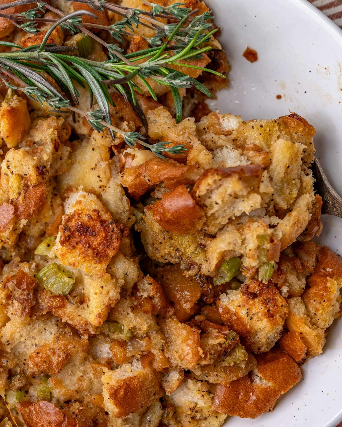 closeup of turkey stuffing on a plate with rosemary