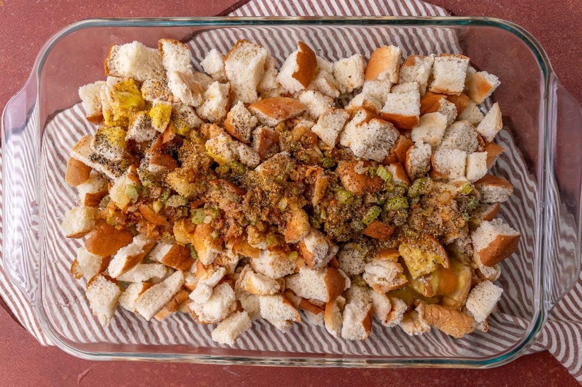 ingredients for turkey stuffing in a baking pan, unmixed