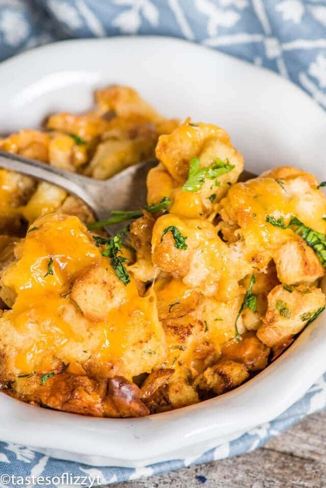 A close up of cheesy stuffing