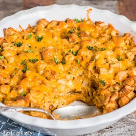 herb stuffing in a casserole dish