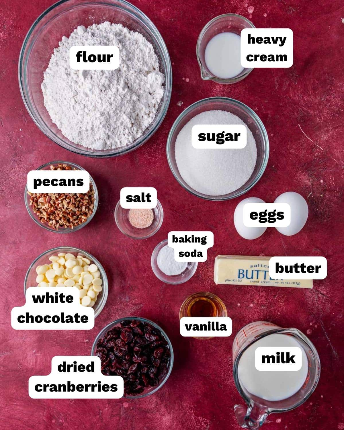 ingredients for cranberry pecan bread on a table