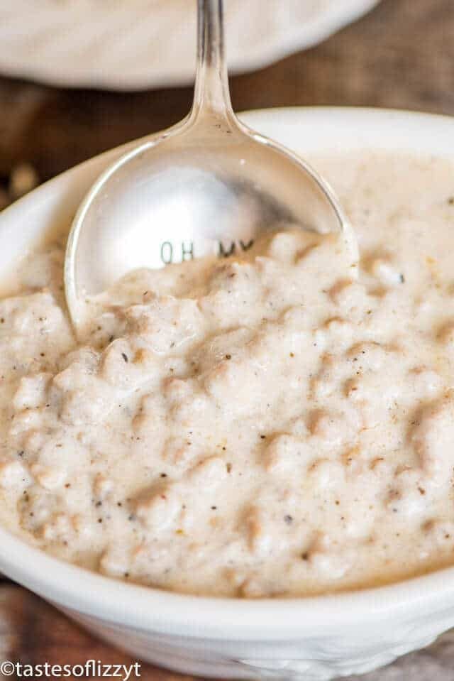 A close up of a bowl of sausage gravy