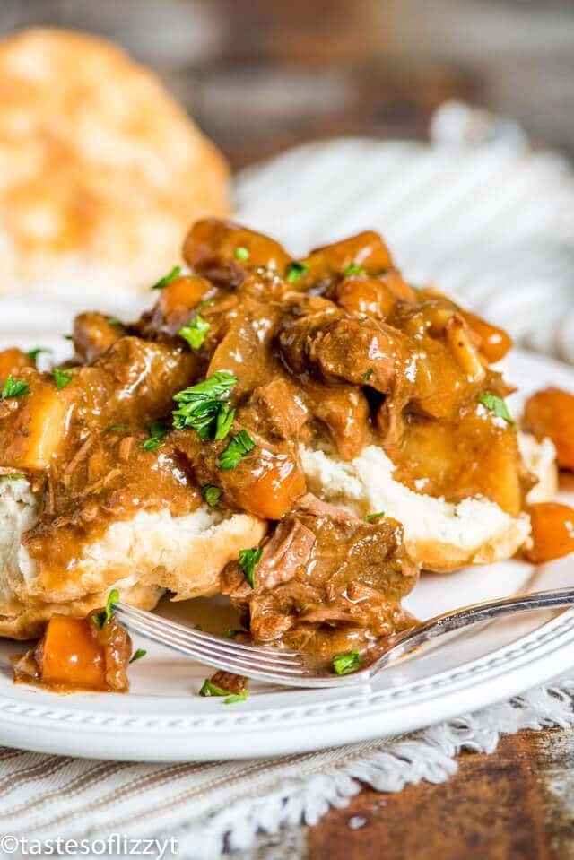 beef stew served over biscuits