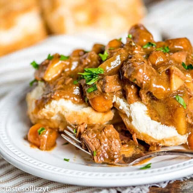 easy beef stew over biscuits on a plate