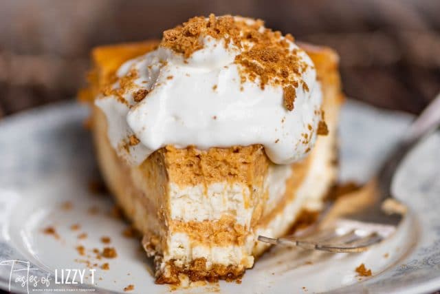a slice of pumpkin swirl cheesecake with a bite out