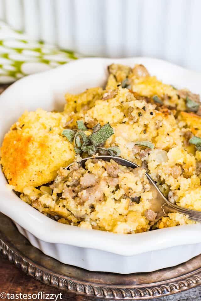 bowl of sausage cornbread stuffing