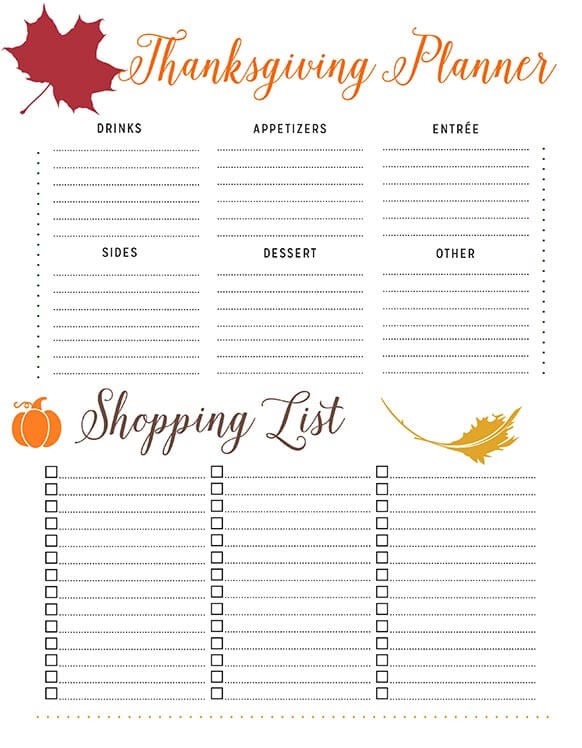 planning sheet for Thanksgiving