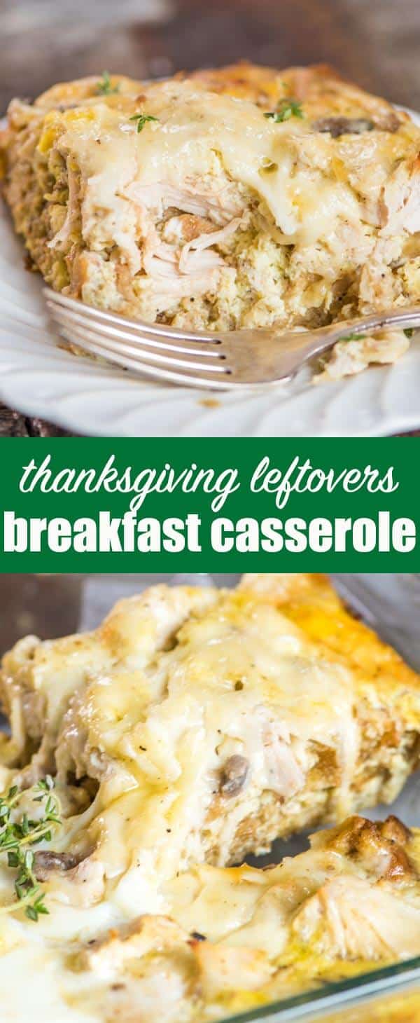 Take turkey and stuffing leftovers and turn it into this savory Thanksgiving Leftovers Breakfast Casserole. Make it ahead and refrigerate overnight or bake it right away. #thanksgivingleftovers #turkey #stuffing #breakfast #casserole
