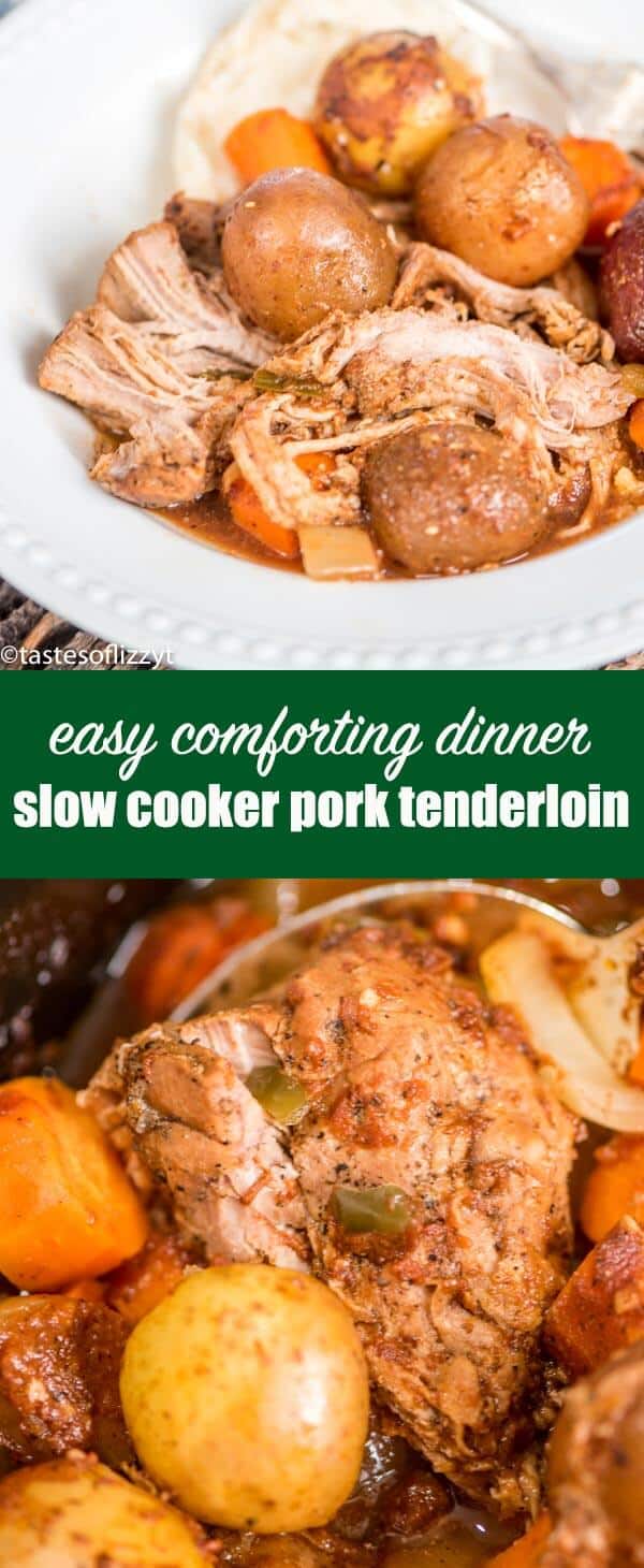Comforting Slow Cooker Pork Tenderloin is an easy dinner recipe packed with potatoes and carrots, then slowly simmered in a savory, robust sauce. #slowcooker #pork #tenderloin #dinnerecipe #easyrecipe