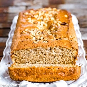 loaf of banana bread with one slice cut