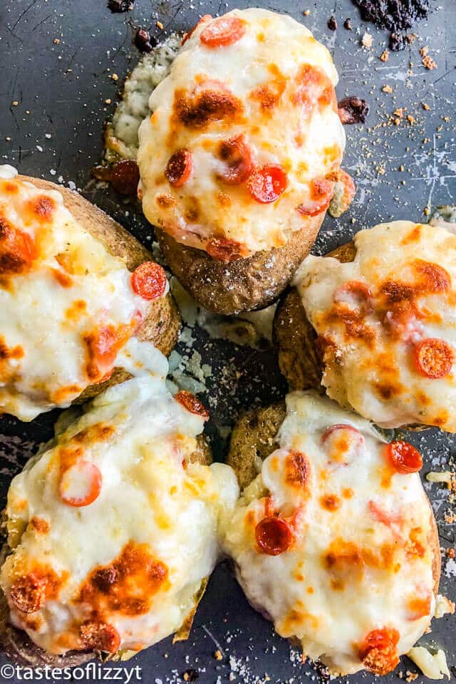 stuffed baked potatoes with cheese and pepperoni