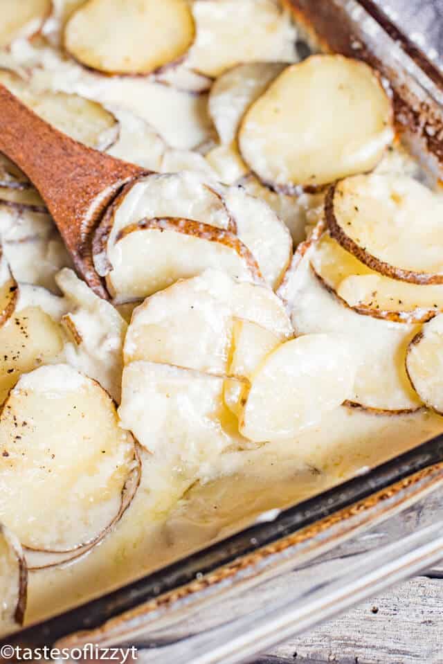 scalloped potatoes with wooden spoon