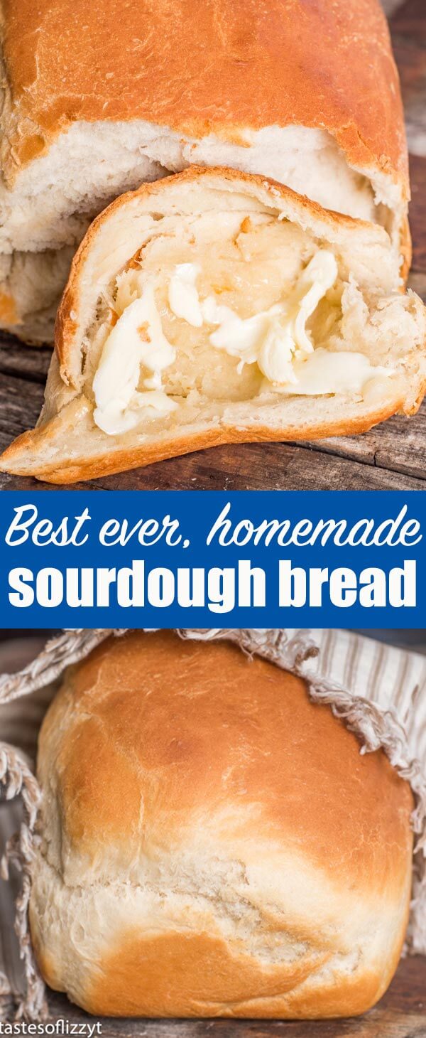 The best homemade bread! Soft, chewy sourdough bread with a beautiful golden brown crust. This easy homemade bread recipe makes two loaves and is the perfect white sandwich bread. #sourdough #breadrecipe #homemadebread #whitebread