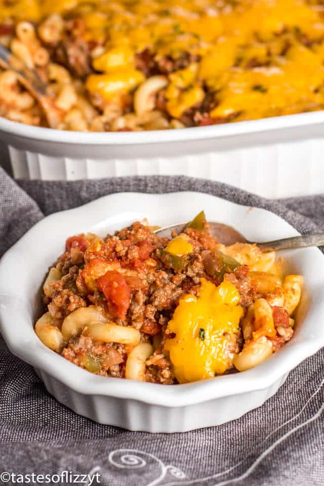 A bowl of beefy macaroni casserole