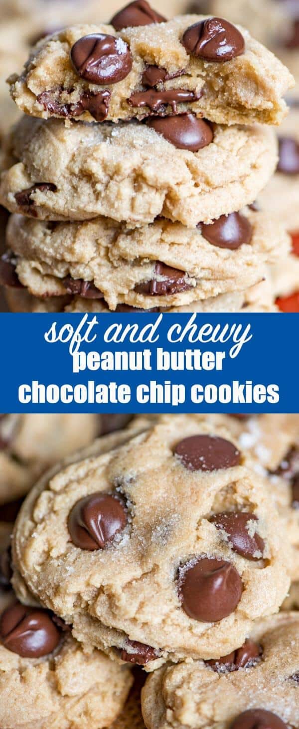 Ultra soft and chewy peanut butter chocolate chip cookies. These easy peanut butter cookies stay soft for days and freeze well. Add chocolate chips, white chocolate chips or even butterscotch chips to this cookie recipe.