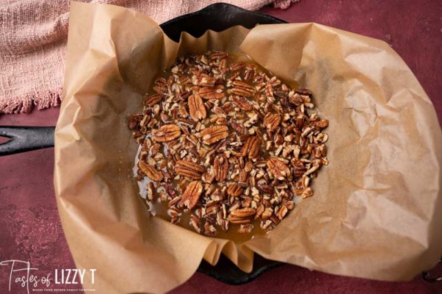 caramel and pecans in a skillet