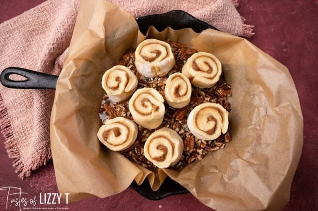 unbaked sticky buns in pan