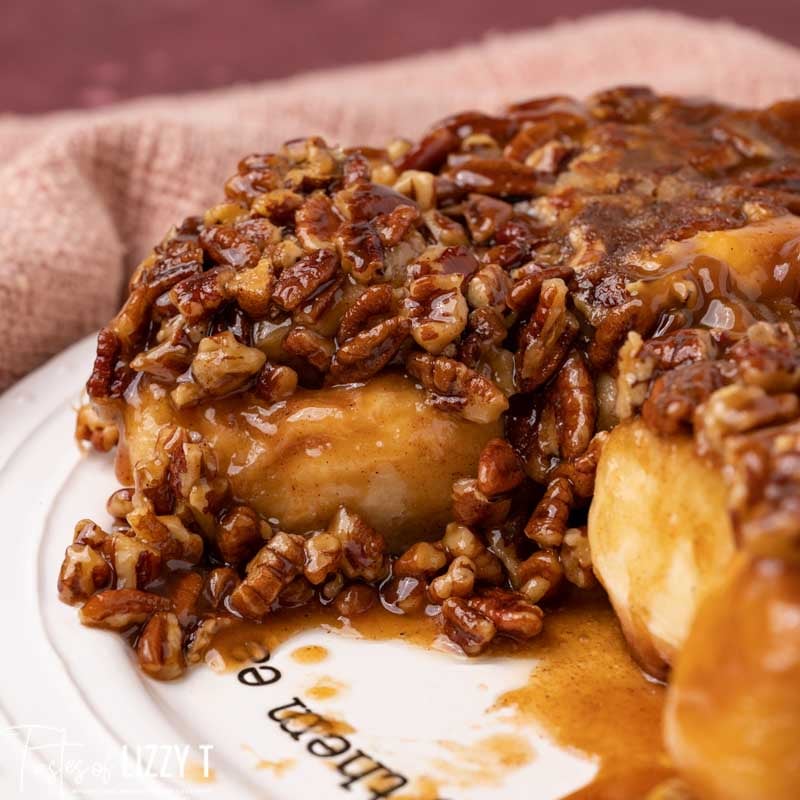 closeup of pecan loaded sticky buns