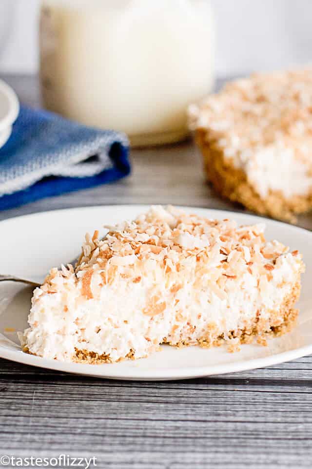 coconut cheesecake tart on a plate